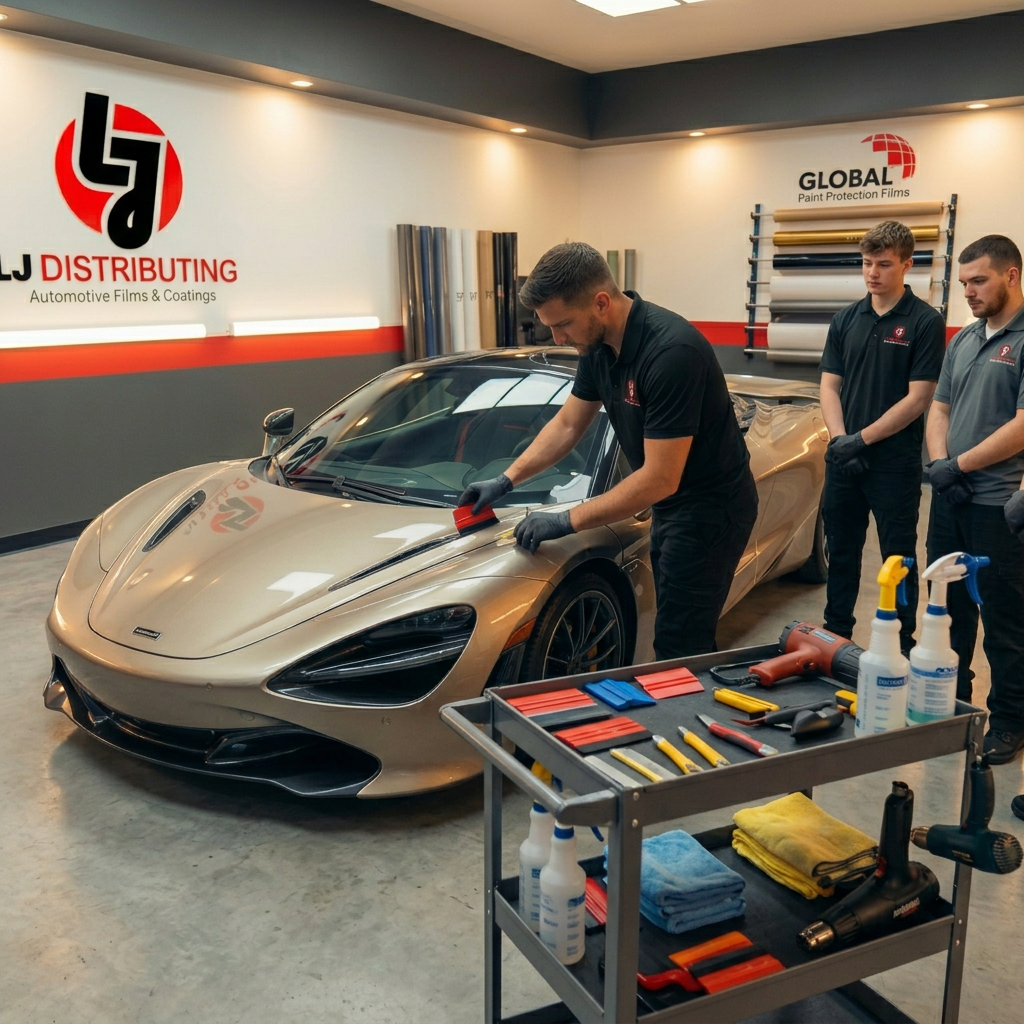 Car detailing process in a professional garage with tools and a car in the foreground.
